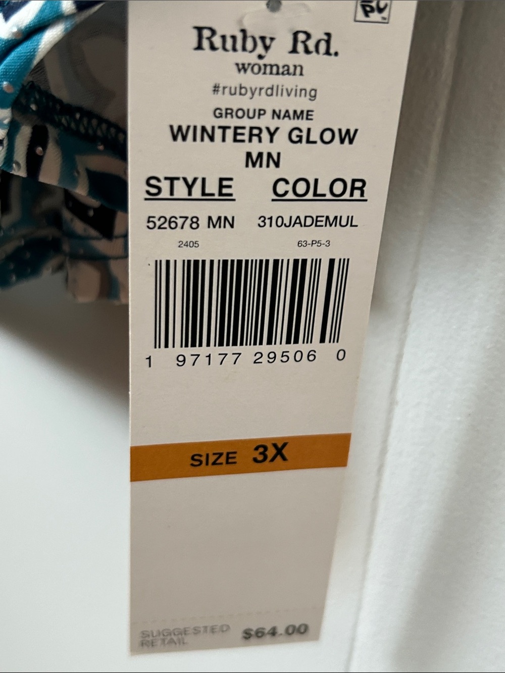 Ruby Rd. Teal, White & Black Floral-Geometric Keyhole Tunic 3X - Picture 2 of 8